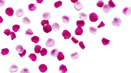 Scattered pink and fuchsia rose petals on a transparent background PNG image