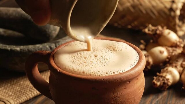 Pouring Creamy Chai Tea Into Rustic Clay Mug With Ginger Root And Mortar Pestle Background Traditional Indian Beverage Refreshing Warm Drink