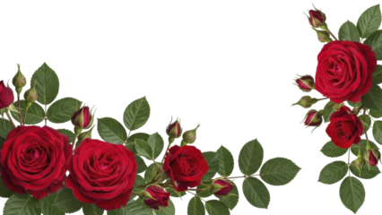 Vibrant red roses and green leaves floral border on transparent background PNG image