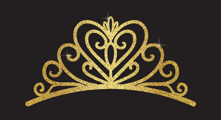Elegant vector golden glitter crown or tiara isolated on a black background. Luxury wedding, birthday, and party accessory with heart and swirl royal motifs. © Kolerowa