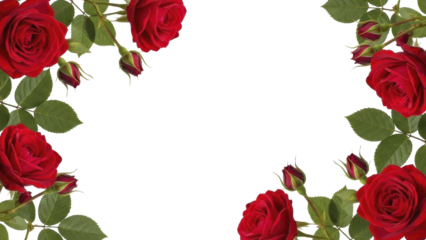  Vibrant red rose flowers with lush green leaves and budding roses creating an elegant border on a transparent background, PNG file