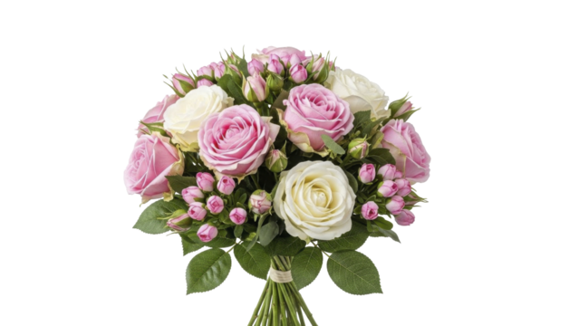  Pink and white rose bouquet with fresh buds on a transparent background, PNG file - Powered by Adobe