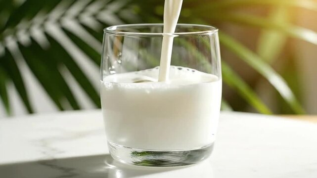 Pouring Fresh White Milk into a Clear Glass Creates Bubbles on a Marble Surface with Green Tropical Leaves in Soft Sunlight