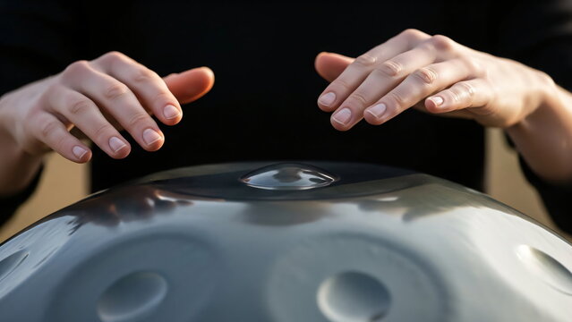Man playing a handpan. Musician performing a percussion instrument. Music therapy and relaxation concept for an article or blog.