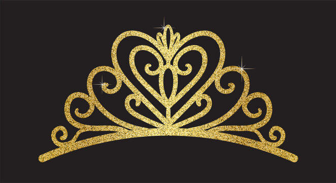 Elegant vector golden glitter crown or tiara isolated on a black background. Luxury wedding, birthday, and party accessory with heart and swirl royal motifs.