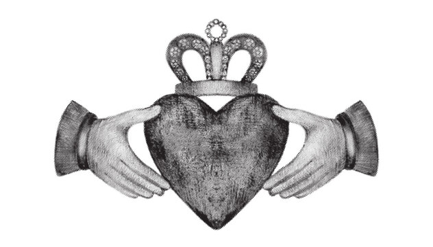 Claddagh ring vector illustration engraved black Irish symbol of love, loyalty and friendship with heart, hands and crown