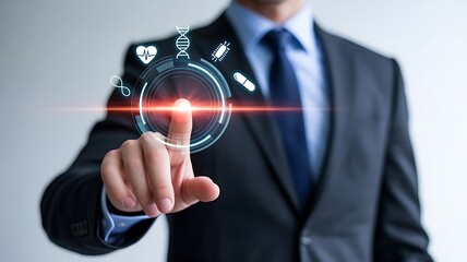 Businessman touching futuristic medical interface with icons