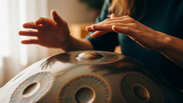 Woman musician playing a handpan drum, creating rhythmic sound. Calming music for relaxation, meditation, and therapy.