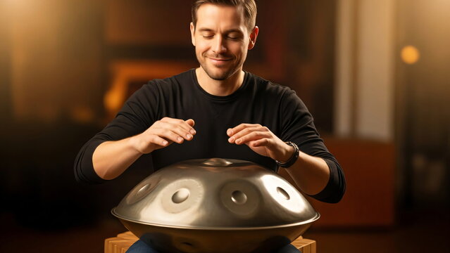 Man playing a handpan. Musician performing a percussion instrument. Music therapy and relaxation concept for an article or blog.