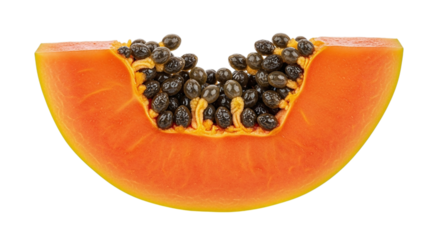 A vibrant and juicy slice of ripe tropical papaya with visible black seeds, rich in vitamins and fiber, isolated on transparent background