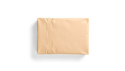 Beige padded envelope or flat mailer for shipping documents or small items, top view, isolated on white background
