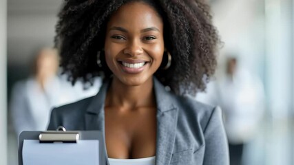 Confident businesswoman with clipboard and curly hair gray blazer office, professional smile and leadership focus, leader with checklist - Powered by Adobe