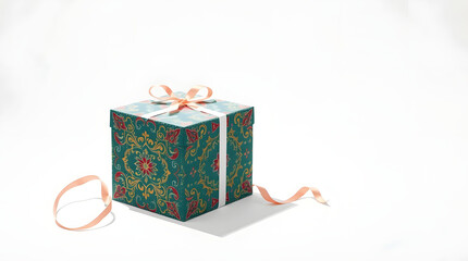 Vibrant gift box elegantly wrapped in patterned paper, tied with a ribbon, symbolizing joy, celebration, and thoughtful giving, presented on a clean white background