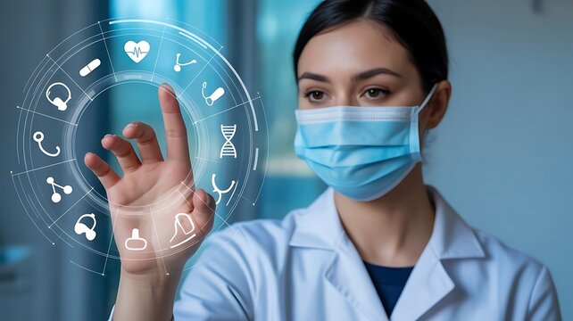Female doctor wearing mask interacting with futuristic medical interface - Powered by Adobe