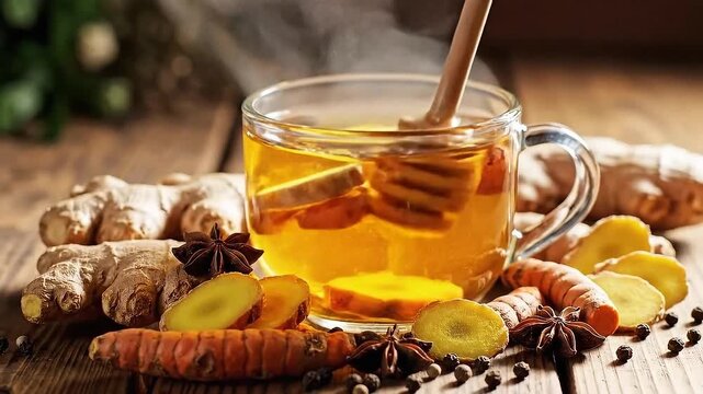 Steaming golden turmeric ginger tea infused with star anise and honey set against a rustic wooden backdrop promoting wellness and natural healing