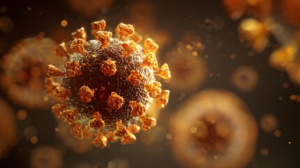 Microscopic visualization depicts a detailed representation of a spherical pathogen with surface spikes