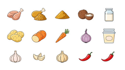 A collection of various food ingredients including chicken, vegetables like potatoes, carrots, onions, garlic, and spices, along with dairy and condiments.