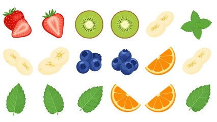 Assortment of fresh, colorful fruits and mint leaves, including strawberries, kiwi, banana, blueberries, and oranges, arranged on a white background.