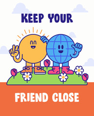 Fototapeta premium Poster Design a happy sun and earth character stand together on a grassy hill, symbolizing friendship and unity. bright colors and bold outlines create a warm, uplifting design.