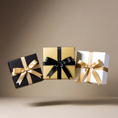 Luxury celebration concept with floating gift boxes in elegant packaging for premium holiday promotions and festive marketing visuals