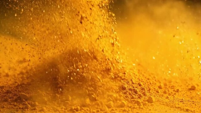 Vibrant golden turmeric powder exploding in slow motion creating a dramatic dust cloud with bright warm lighting against a blurred golden background