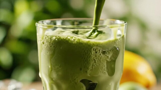 Vibrant green herbal drink pouring into a condensation-covered glass filled with ice and refreshing liquid amidst a soft focus natural outdoor
