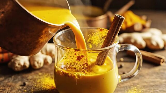 Vibrant Turmeric Golden Milk Preparation With Ginger Carrots And Spices On Rustic Wooden Surface With Soft Natural Light
