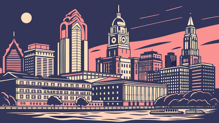 Breathtaking nighttime view of philadelphia skyline by the river suitable for travel magazines, cityscape posters, urban art prints, website backgrounds.