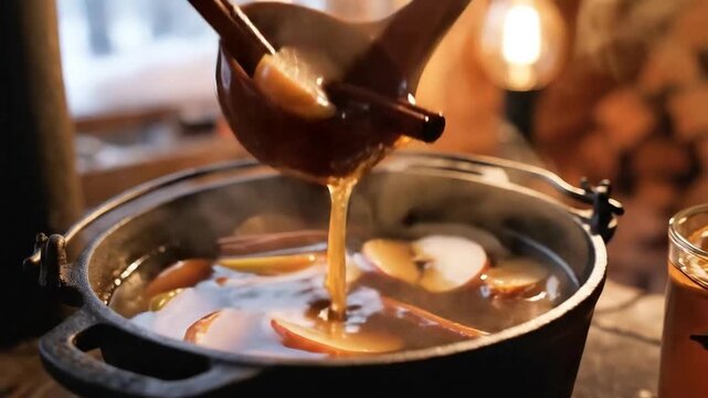 Warming Mulled Cider Preparation with Apples Cinnamon and Spices in Cast Iron Pot Over Open Fire Cozy Winter Beverage Concept