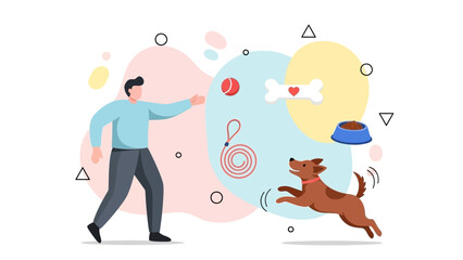 Playful puppy joyfully fetches ball as owner throws in fun, vibrant, modern pet care scene with bone, leash and food bowl for dog lovers and pet businesses
