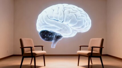 Neuroscience brain hologram therapy counseling mental health psychology consultation cognitive innovation calm scene with two chairs facing neural