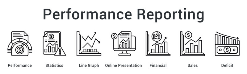 Performance reporting displaying statistics and graphs in online presentations showing financial sales and deficit analysis.