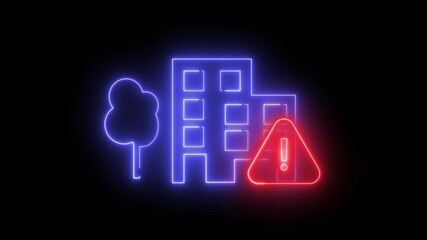 Neon light effect animation of a building icon with a warning sign