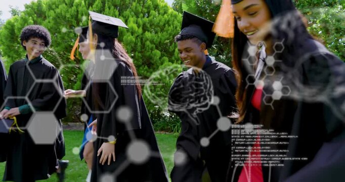 Six grads walking lawn, camera tracking, overlay drifting over caps and diploma, marking graduation