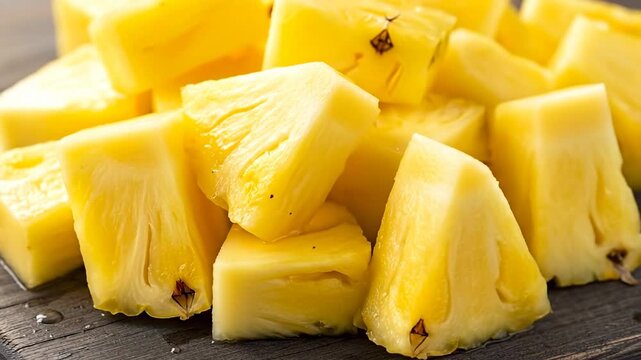 Freshly sliced pineapple pieces on a wooden surface.