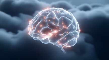 Obraz premium A digital illustration of a glowing brain surrounded by clouds, representing thoughts, ideas, and mental clarity in a surreal atmosphere.