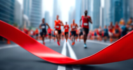 A dynamic scene of runners crossing the finish line in a city marathon, capturing the excitement and determination of competitive athletes.