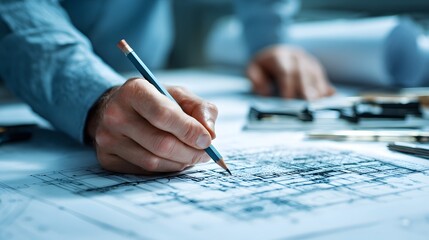 Skilled professional drawing precise technical plans with a graphite writing instrument