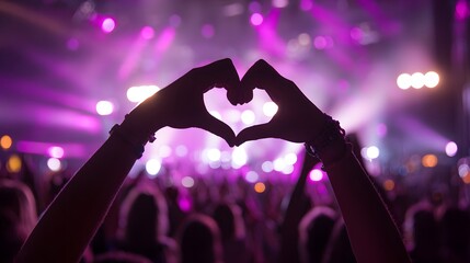 Silhouette of hands forming a heart shape against vibrant stage lighting at a crowded event