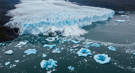 Massive Glacier Calving Event in Arctic Waters, Releasing Icebergs into the Ocean.