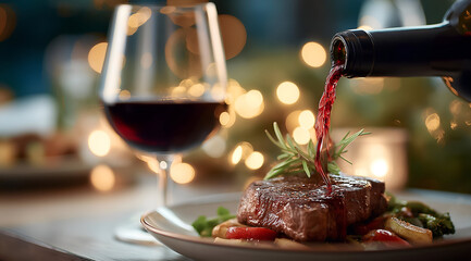 A delicious steak meal paired with red wine, showcasing gourmet dining in a cozy atmosphere with elegant decor.