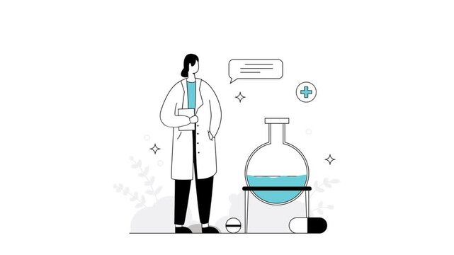 Doctor in lab coat standing next to a large flask with blue liquid representing medical research and scientific innovation.