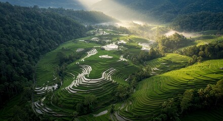Lush Green Rice Terraces Bathed in Golden Sunlight in a Verdant Mountain Valley.
