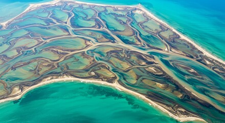 Aerial View of Coastal Wetlands and Turquoise Waters.