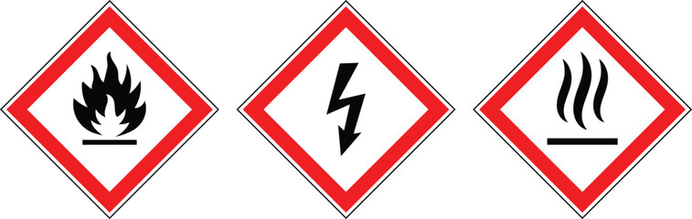 Set of hazard warning signs: fire hazard, hot surface sign, electric high voltage safety symbol