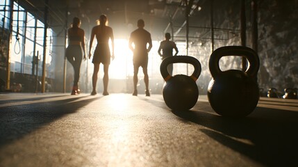Silhouetted fitness group stands ready for a workout session with kettlebells in the foreground