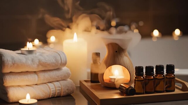 Aromatherapy setup featuring essential oil bottles, lit candles, wooden diffuser, and neatly folded towels on tray creating warm, relaxing spa wellness atmosphere for ultimate relaxation and self care