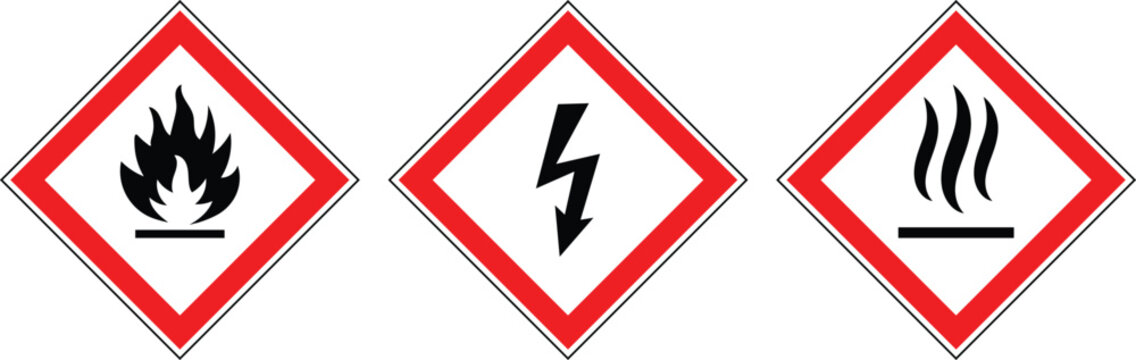 Set of hazard warning signs: fire hazard, hot surface sign, electric high voltage safety symbol