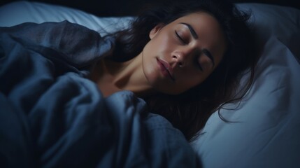 Naklejka premium woman in bed late trying to sleep suffering insomnia, sleepless or scared in a nightmare, looking sad worried and stressed. Tired and headache or migraine waking up in the middle of the night.
