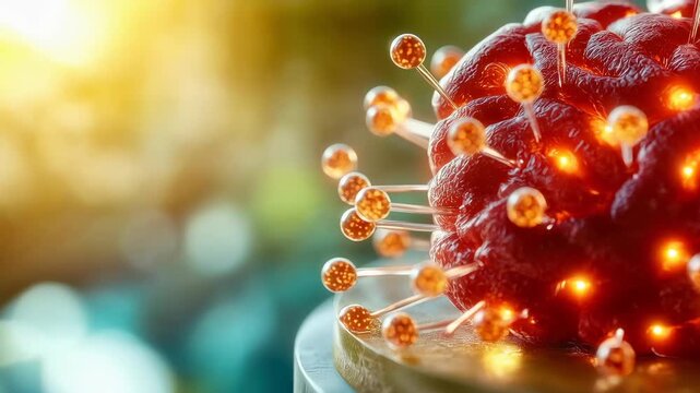 Glowing virus pathogen microbe microorganism infection disease outbreak pandemic, contagious danger cell biology macro spike neural network energy